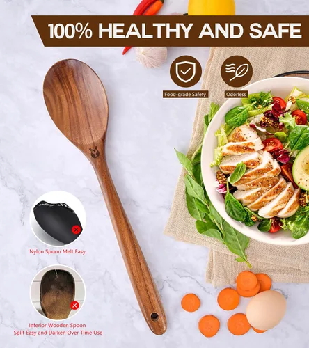Vista 5 de Cucharas de Madera para Cocinar, Cucharas de Madera de Teca Natural Premium, Cucharas de Cocina Grandes de Buen Agarre y Espátula de Madera