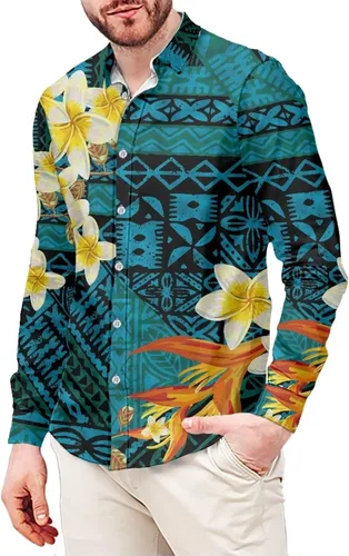 Vista 15 de Camisas polinesias para hombre con patrones de hojas tropicales polinesias, camisa hawaiana de manga larga para hombre, ropa de vacaciones de otoño