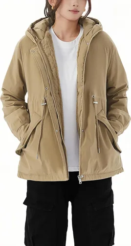 Vista 20 de JiangWu - Chaqueta con capucha de estilo Sherpa para mujer, forro polar grueso, abrigada para invierno A-Negro