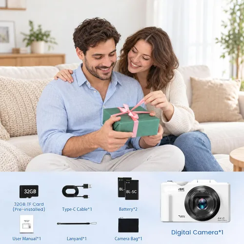 Vista 8 de 4K Digital Camera for Photography,64MP Vlogging Camera for YouTube(White)