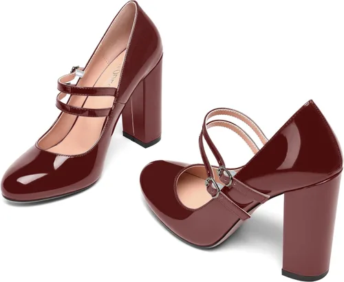 Vista 6 de SHOWFOREST Zapatos de tacón alto con correa ajustable y puntera redonda para mujer, de 4 pulgadas