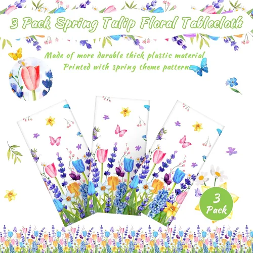 Vista 5 de 3 manteles florales desechables de plástico, mantel rectangular de tulipán lavanda, mantel de primavera y verano para mesa rectangular, hogar