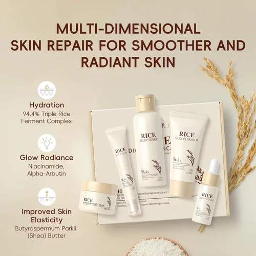 Vista 2 de Set hidratante de cuidado de la piel de arroz coreano – Radiance Skincare rutina de 5 pasos con limpiador de arroz, tónico, suero, crema facial