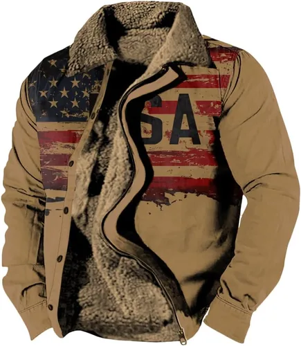 Vista 10 de LOAIHA Chaqueta de invierno para hombre, chaqueta de bandera estadounidense, abrigos occidentales para hombre, con cremallera, forro polar cálido