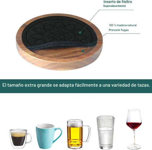 Vista 5 de Posavasos de madera para bebidas, Minacun conjuntos de posavasos absorbentes de 5, posavasos para bebidas para protección de mesa de café