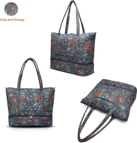 Vista 7 de Bolsa de fin de semana para mujer, bolsa de viaje con compartimento para zapatos, Gris Naranja
