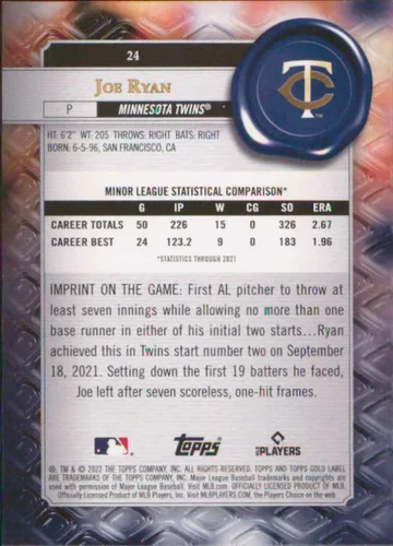 Vista 2 de 2022 Topps Gold Label Class 1#24 Joe Ryan Minnesota Twins Rookie Baseball Card - GotBaseballCards