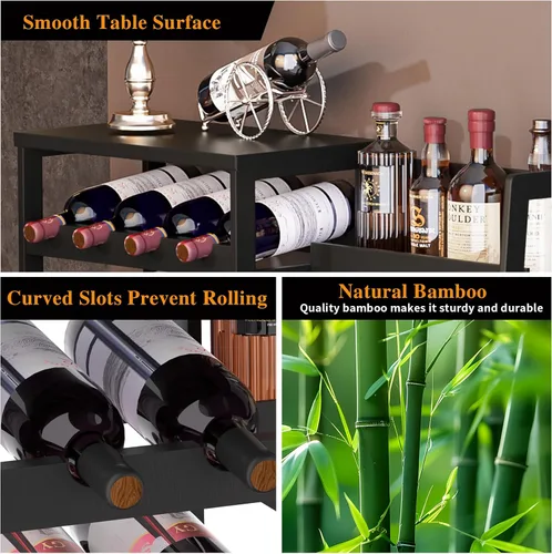 Vista 5 de VASMIA Soporte versátil para licor para bar en el hogar, estante para vino, mesa de bar con botella de licor trapezoidal de bambú, gabinete