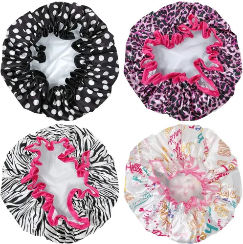 Vista 2 de Wrapables® Elegantes gorros de ducha impermeables de doble capa (juego de 4), estampado animal y puntos