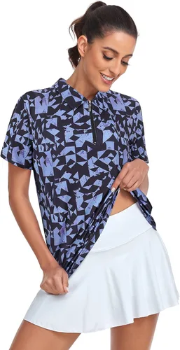 Vista 2 de Tanst Sky Polo de golf para mujer, manga corta, con cremallera de un cuarto, absorbe la humedad