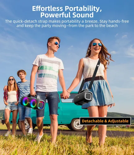 Vista 6 de Altavoz Bluetooth portátil inalámbrico, sonido fuerte de 140 W de pico con 2 subwoofers y refuerzo de graves, altavoz impermeable para exteriores