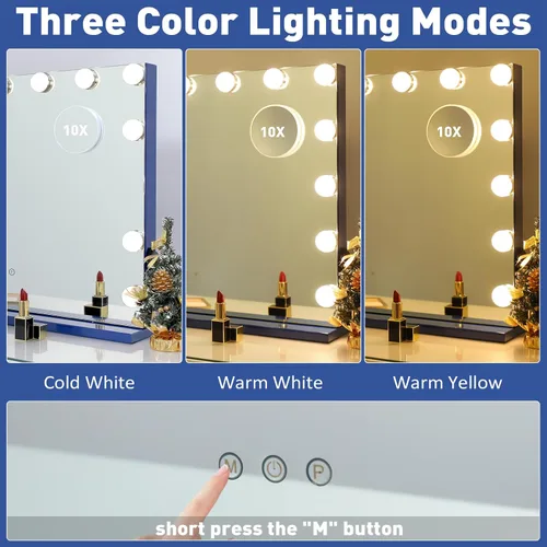 Vista 3 de HOMPEN Espejo de maquillaje con luces, espejo de tocador grande iluminado Hollywood con 15 bombillas LED regulables, 3 modos de color, control