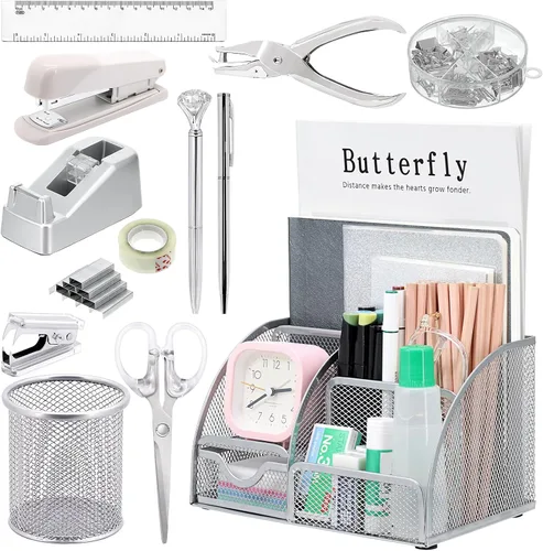 Vista 10 de SYMDROMIA Juego de organizador de escritorio de oficina 13 en 1 con engrapadora y dispensador de cinta, soporte para bolígrafos, tijeras, regla