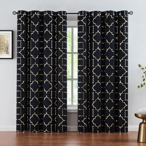 Vista 9 de Purainbow Cortinas opacas beige para dormitorio, sala de estar con paneles de impresión de lámina dorada, oscurecimiento de la habitación