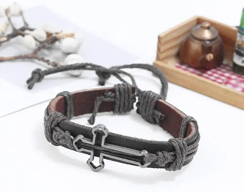 Vista 8 de brazalete negro con forma de cruz de cuero genuino para hombre