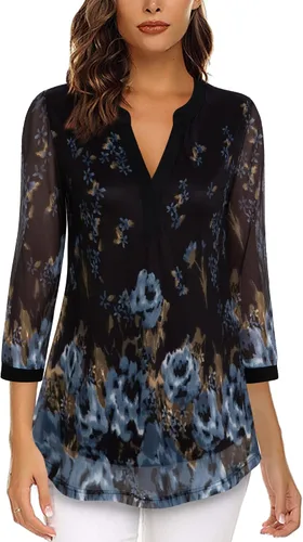 Vista 2 de Timeson Blusas de manga 34 para mujer, estilo casual, cuello en V, camisas de vestir de doble capa, túnicas de malla