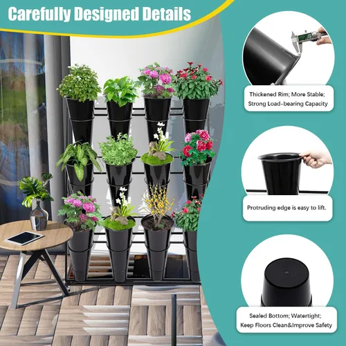 Vista 6 de Soporte de exhibición de flores con cubos y ruedas, estante de flores rodante de 3 niveles de metal para plantas interior y exterior
