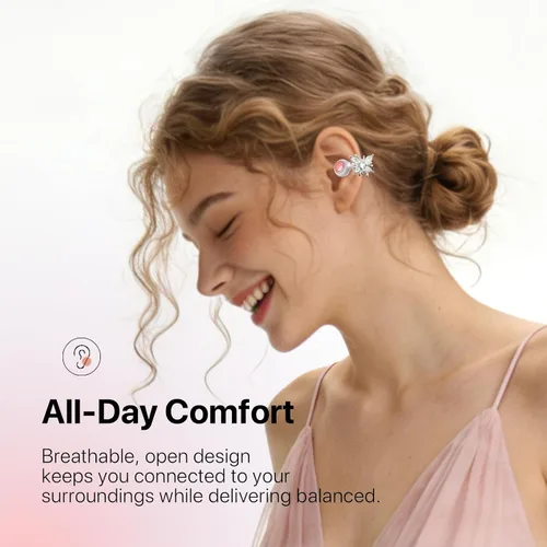 Vista 4 de Auriculares inalámbricos con clip de oreja abierta Bluetooth 6.0, estuche compacto de polvo con pantalla LED y espejo, clips de oreja de mariposa