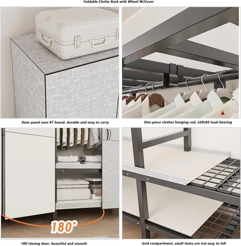 Vista 7 de Armario plegable portátil con ruedas, 2000 libras, perchero resistente con tapa, perchero de metal independiente para ropa, sistema