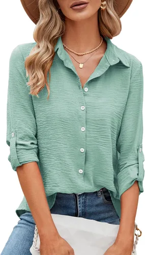 Vista 33 de Odosalii - Camisas con botones para mujer, con cuello en V, manga larga, enrolladas, blusas elegantes y formales para negocios y ocasiones casuales
