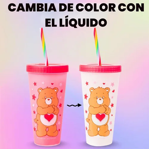 Vista 9 de Silver Buffalo Care Bears Corazones y Estrellas Juego de 4 Vasos de Plástico Cambian de Color con Popotes de Espiral Arcoíris con Tenderheart