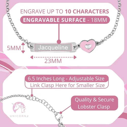 Vista 2 de UNICORNJ Pulsera de plata de ley 925 grabable con cadena Rolo para niñas con esmalte rosa de 6.5 pulgadas