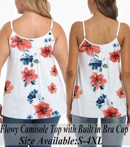 Vista 4 de Camiseta sin mangas plisada para mujer con copa de brasier incorporada, casual, fluida, con correa ajustable (S-4XL)