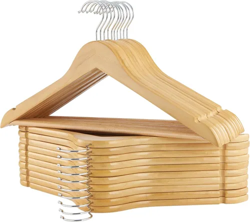 Vista 9 de Perchas de madera, paquete de 20 perchas con acabado extra suave, muescas cortadas con precisión y gancho giratorio cromado, perchas de madera