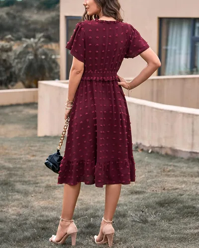 Vista 7 de BTFBM Elegante vestido de verano de manga corta con cuello en V y lunares suizos para mujer, vestido largo bohemio con volantes, vestido de cóctel