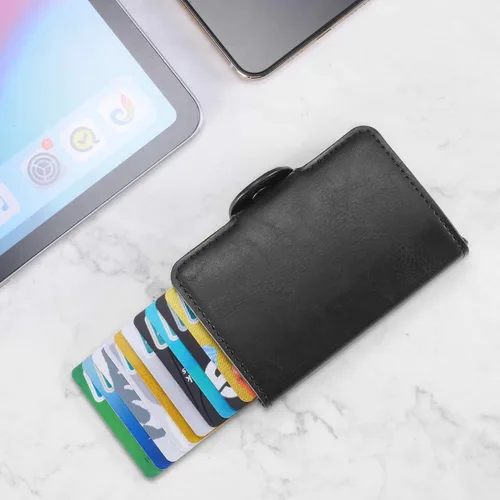 Vista 5 de Tarjetero para hombre, tarjetero delgado para tarjetas de crédito, bolsillo frontal, antirrobo, RFID, autoemergente, para viajes, billeteras