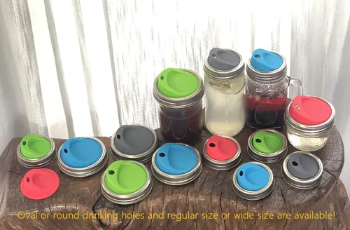 Vista 6 de Kit de tapa reutilizable de silicona de grado alimenticio y sin BPA para beber jugo de café con anillos de acero inoxidable para mason, bolas