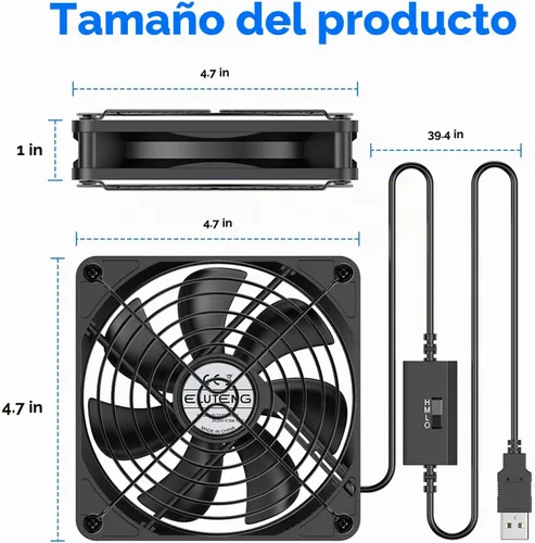 Vista 7 de ELUTENG Ventilador de refrigeración USB para computadora con iluminación RGB de 7 colores, controlador de 3 velocidades 1100/1300/1500 RPM
