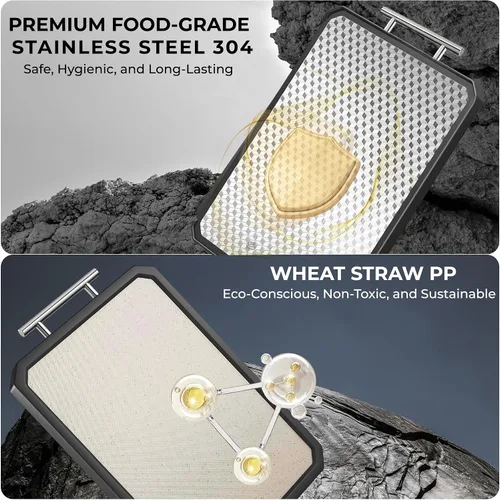 Vista 5 de Tabla de cortar de acero inoxidable Tabla de cortar de doble cara con mango antideslizante para cocina con diseño de malla antiarañazos Tabla