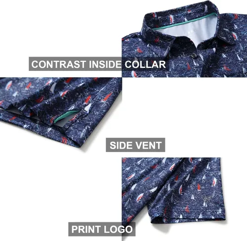 Vista 4 de Camisas polo de golf para hombre, manga corta, a rayas, de rendimiento, absorben la humedad, ajuste seco