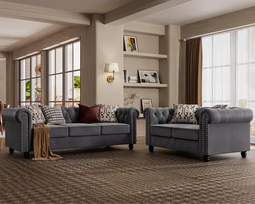 Vista 17 de Morden Fort - Juego de sillas y sofá Chesterfield clásico, con reposabrazos acolchados y patas de madera maciza, sofá cama para mascotas, cómodo