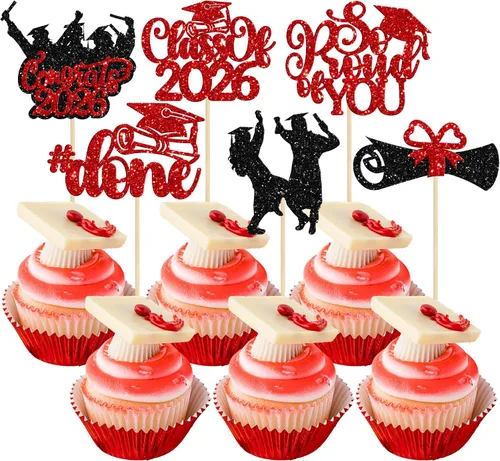 Vista 26 de Gyufise 24 piezas de decoración para cupcakes con purpurina para graduación 2026, decoración de pasteles para graduación 2026, decoración de Negro