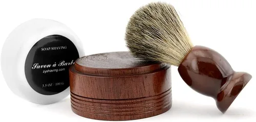 Vista 6 de Grandslam Cepillo de afeitar de pelo de tejón puro, taza de madera natural, juego de peluquero de jabón hecho a mano
