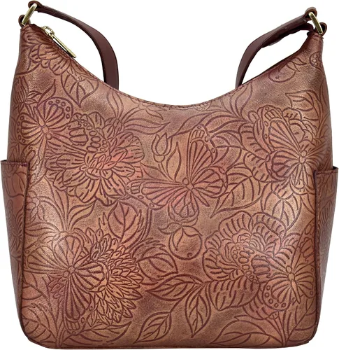 Vista 7 de Anuschka Hobo clásico de cuero curtido vegetal genuino pintado a mano para mujer con bolsillos laterales Mariposas Miel