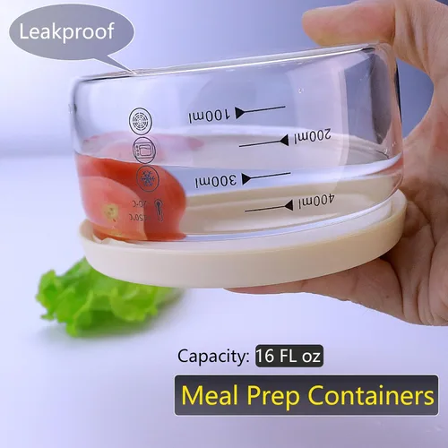 Vista 3 de Recipiente de vidrio de 16 onzas con tapa de silicona, recipiente de almacenamiento de alimentos de vidrio, transparente, recipientes
