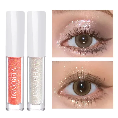 Vista 9 de Juego de maquillaje de lentejuelas líquidas en gel holográfico y delineador de ojos plateado, 2 piezas, resaltador líquido brillante, resistente al