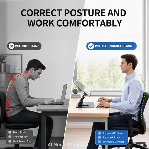 Vista 3 de SOUNDANCE Soporte giratorio 360º para laptop, elevador ergonómico para computadora de escritorio, soporte de metal multiángulo de altura ajustable