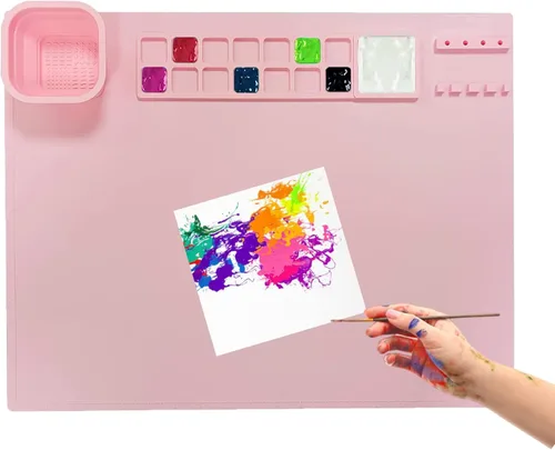 Vista 5 de Tapete de silicona para manualidades, tapete de pintura de silicona, tapete de arte de silicona con portavasos y soportes para pinceles, tapetes