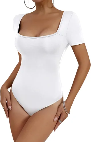 Vista 3 de BKRIVE Body sexy para mujer, con cuello cuadrado, manga corta, moldeador, camiseta básica