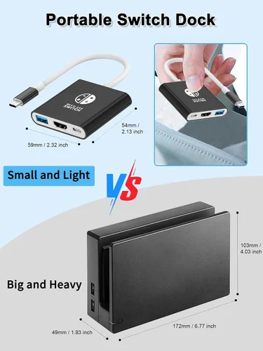 Vista 3 de Dnkeaur Switch Dock for Nintendo Switch & OLED, Switch Docking Station for TV, Nintendo Switch Base Accessories, Portable Switch Travel Dock, USB C