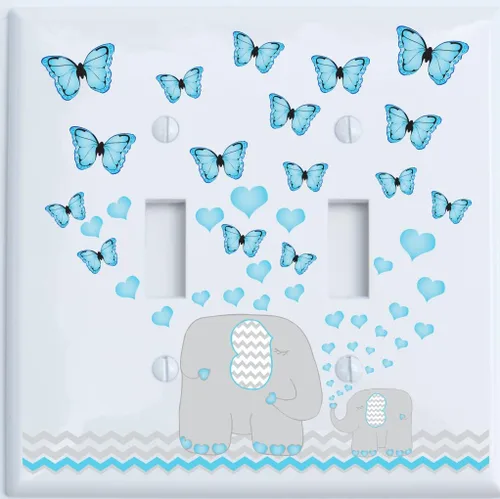 Vista 3 de Placa de interruptor de luz con corazones de mariposa azul y elefante, cubierta de salida para decoración de guardería con Chevrons