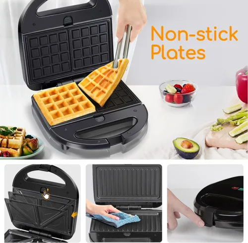 Vista 7 de Aigostar Sandwicherera, 3 en 1 Panini Press antiadherente Sandwichera Desayuno Queso a la parrilla, Tostadora de Pan de Acero Inoxidable