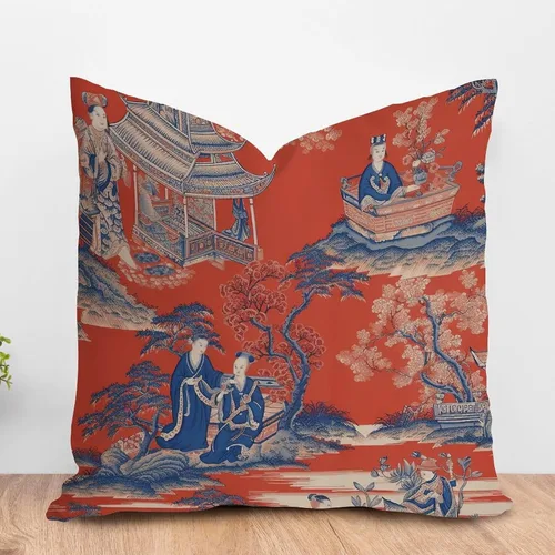 Vista 14 de ArogGeld Chinoiserie - Funda de cojín para sofá, diseño floral de peonía, color verde azulado, verde y rojo, diseño de peonía, diseño escénico