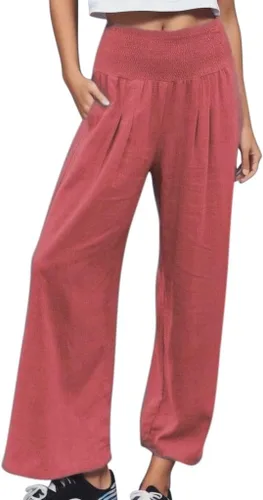 Vista 29 de SHAOBGE Pantalones palazzo de verano para mujer, cintura alta, pierna ancha, casual, cintura elástica, pantalones de playa con bolsillos