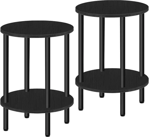 Vista 13 de CHOEZON Mesa auxiliar redonda, mesa auxiliar de 2 niveles, mesita de noche redonda pequeña con tubo de metal resistente, mesa auxiliar circular Negro