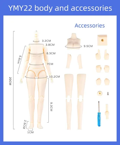 Vista 3 de Mini cuerpo de muñeca YMY escala 1/6 de 8.6 pulgadas/9.4 pulgadas, cuerpo femenino YMY22/YMY24 PVC+POM busto de dos tamaños, color de piel Whity